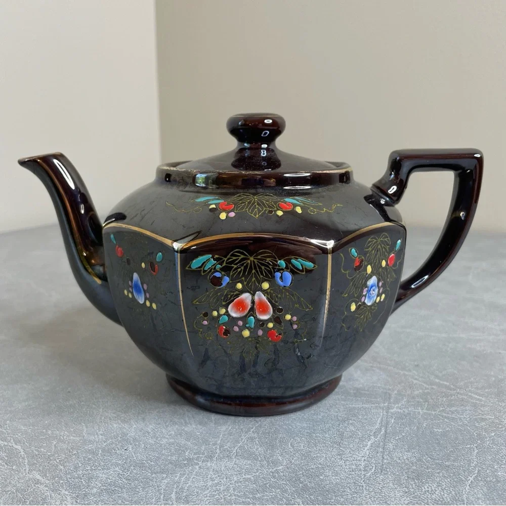 Vintage Mid-Century Japanese Moriage Dark Brown Ceramic Teapot Floral Design